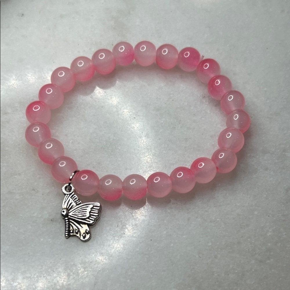 Pink Beaded Bracelet with Butterfly Charm